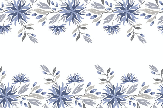 Vintage Blue Floral pattern seamless rose flower motifs border background frame embroidery. Ethnic Ikat pattern paisley design. Bohemian grey blue colour vector illustration hand drawn. 