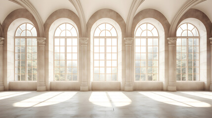 A large room with arched windows,,
Inside of old cathedral, Christianity altar stands under elegant ceiling Pro Photo

