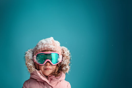 petite fille blonde, habill&eacute;e pour les sports d'hiver, le froid et la neige, le ski, avec doudoune rose, bonnet en laine et paire de lunettes de ski, sur fond bleu copyspace