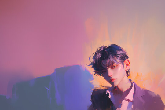 peinture à l'huile très lumineuse, façon clair-obscur, d'un chanteur de boys band coréen imaginaire, avec l'esthétisme androgyne de ces artistes.  Fond violet et orange avec espace négatif copyspace