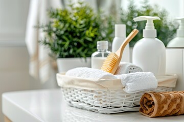Obraz na płótnie Canvas A set of body care cosmetics in a basket in a bright bathroom. Skin care concept banner with copy space