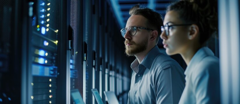 Network technicians and tech support working together in the server room for maintenance, inspection, and fixing, with a checklist and assistance for cybersecurity and data center operations.