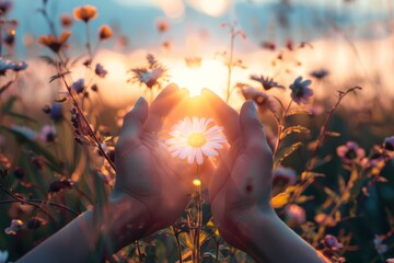 A serene moment captured in nature as the sun sets, backlighting a person holding a delicate flower while the sky is painted with warm sunlight and a hint of flare