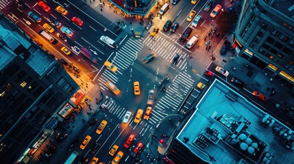 Overhead shot of a bustling city crosswalk with yellow taxis and pedestrians, capturing the vibrant urban life during rush hour. Resplendent. - obrazy, fototapety, plakaty
