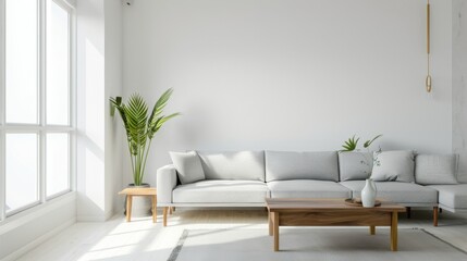 Minimalist Living Room with Gray Sectional Sofa AI Generated.