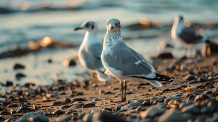 A flock of majestic seabirds, including western gulls and laris, stand proudly on the sandy shore, their beaks poised towards the sparkling sea