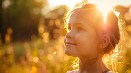 Fototapeta premium Amidst the warmth and brightness of a summer day, a young girl gazes up at the radiant sun, her human face glowing with wonder and joy