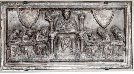 Ancient Bas-Relief: Monk, Abbot, and Disciples