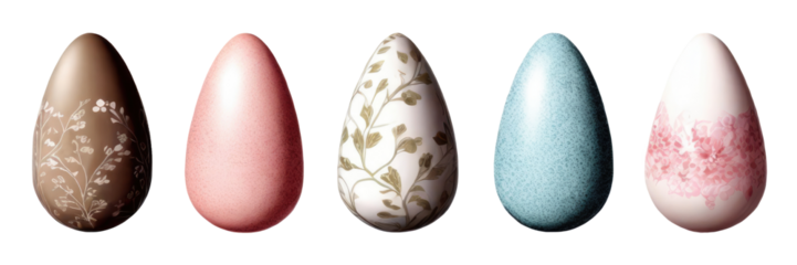 Set of watercolor hand drawn colored pastel colored Easter eggs with plant designs. Spring colored religious Christian symbols for greeting card design, celebration banner, symbolism