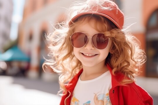 portrait of a beautiful little girl in sunglasses and a red cap