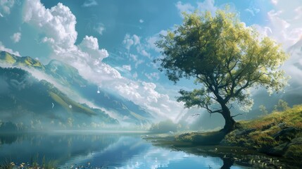 A serene painting of a majestic tree standing tall next to a crystal clear lake, with a backdrop of rolling mountains and a sky filled with fluffy clouds, capturing the beauty of nature in its purest