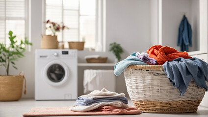 Basket with colored laundry textile  for washing in laundry room - obrazy, fototapety, plakaty