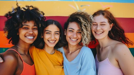 A group of female friends laugh and smile while posing in stylish clothing against a wall, radiating happiness and a strong sense of friendship - obrazy, fototapety, plakaty