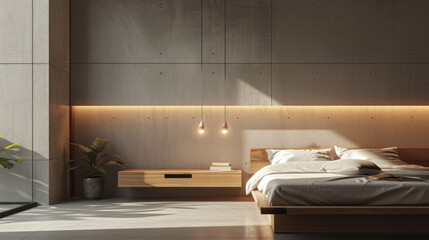A minimalist bedroom with a floating bedside table, pendant lights, and geometric wall art