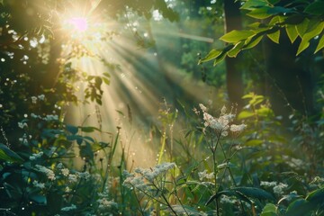 Fototapeta na wymiar The radiant sun breaks through the lush green canopy, casting a warm glow on the vibrant flowers and verdant vegetation of the enchanting summer forest