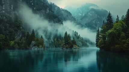 A tranquil lake nestled between lush trees and majestic mountains, shrouded in a veil of mist and...