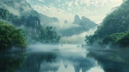 A tranquil river flows through a misty forest, nestled between towering mountains and reflecting the natural beauty of its surroundings