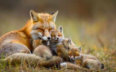 Fox family in the meadow. Generative AI