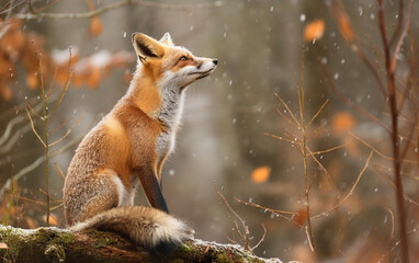 Side view of fox sitting on ground in the woods with snow. Generative AI - Powered by Adobe