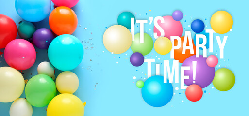Festive banner with colorful balloons and text IT'S PARTY TIME on blue background