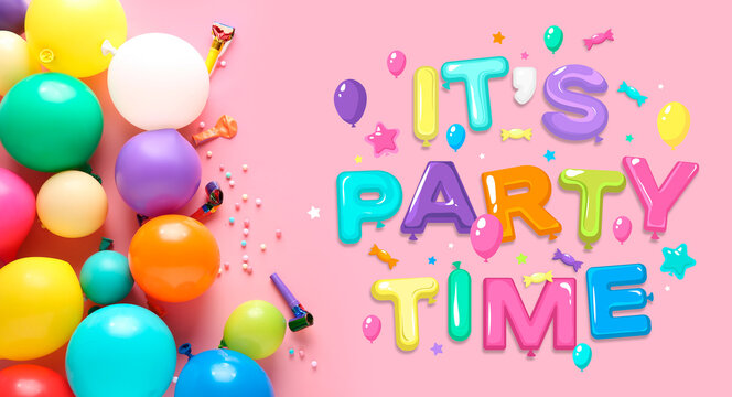Festive banner with colorful balloons and text IT'S PARTY TIME on pink background