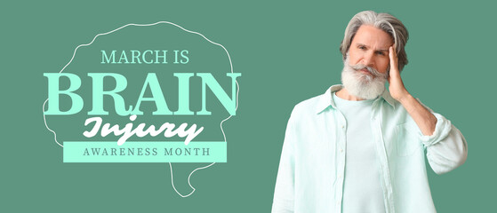 Banner for Brain Injury Awareness Month with senior man suffering from headache