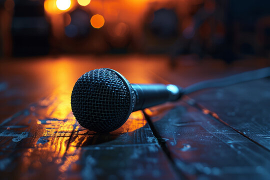 Microphone laying on the floor of a stage. Generative AI