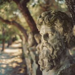 Naklejka premium Ancient Greek Statue Under Olive Trees