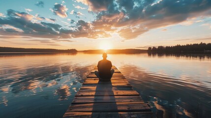 As the sun dips below the horizon, a lone figure sits on the dock, surrounded by the peaceful reflection of the colorful sky over the serene waters of the lake, taking in the beauty of nature's eveni - obrazy, fototapety, plakaty