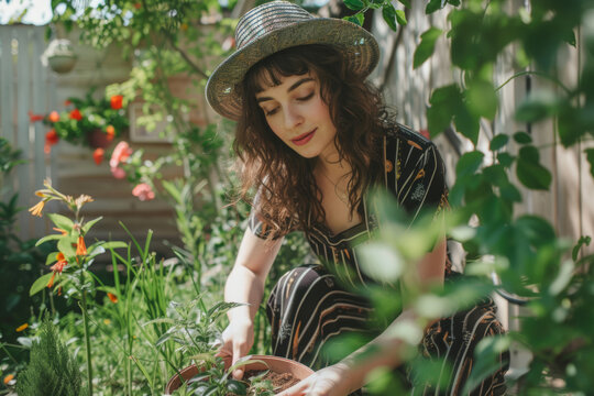 Woman gardening plants on her backyard. Generative AI