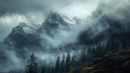 A mystical massif enveloped in fog and snow, towering above a serene forest of spruce trees in the highlands - obrazy, fototapety, plakaty
