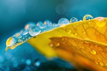 Captured in macro photography, a delicate yellow flower glistens with the dew of a recent rain, adorned with water droplets that cling like liquid bubbles to its vibrant green leaves - Powered by Adobe