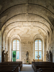 Inside the refectory of a medieval abbey in Normandy