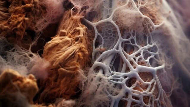 High magnification of a human lung, with tiny microplastic fibers embedded in the tissue, showcasing the potential consequences of inhaling polluted air filled with microplastics.