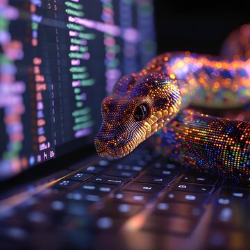 A mesmerizing image featuring a vibrant, digital snake resting on a laptop keyboard, suggesting themes of cybersecurity and technology