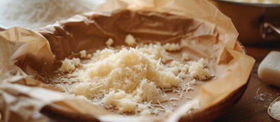 Fototapeta na wymiar Rustic-style Parmesan Reggiano cheese with wax paper.