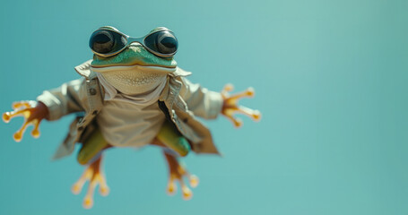 Vibrant green frog jumps on a pastel mint green background. Concept of 29 february leap year day. - obrazy, fototapety, plakaty
