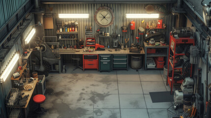 An overhead shot of a well-organized garage with tools, storage bins, and a workbench