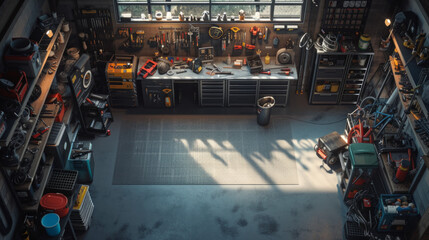 An overhead shot of a well-organized garage with tools, storage bins, and a workbench - obrazy, fototapety, plakaty