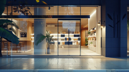 A clean and minimalist storefront with a glass entrance, logo signage, and product displays - obrazy, fototapety, plakaty