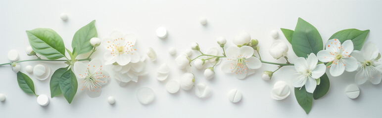 Herbal medicine banner and header for bookmarks and sites. Ethereal light and white flowers; clean panoramic background. Medicinal herbs, blooms, leaves and petals for naturopathy and alternative cure - obrazy, fototapety, plakaty