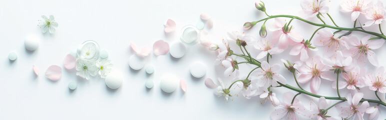 Herbal medicine banner and header for bookmarks and sites. Ethereal light and pink flowers; clean panoramic background. Medicinal herbs, blooms, leaves and petals for naturopathy and alternative cure - obrazy, fototapety, plakaty