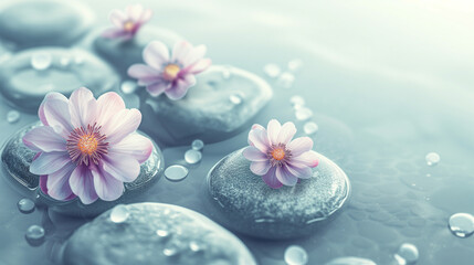 Obraz na płótnie Canvas Zen pond water with spa stones and violet pink flower. Wallpaper concept for aromatherapy and naturopathy. Peaceful calming image for wellness and spa center. Floral relax and pebbles.