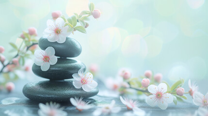 Obraz na płótnie Canvas Pile of Zen stones and white flowers. Meditative oriental lifestyle concept. Symbolic calm balance, inner equilibrium with stress relief. Mental rest and connection with nature. Poster with copy space