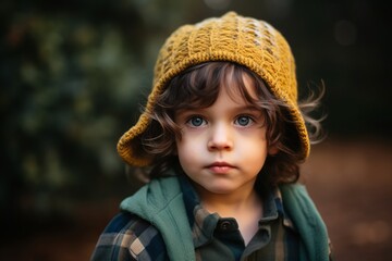 Portrait of a little boy in a yellow hat in the park