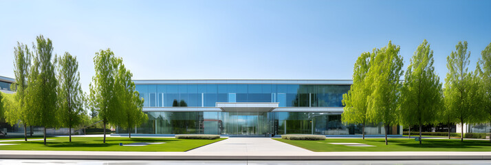 Minimalist Modern Corporate Building under Clear Blue Sky Reflecting Progress and Innovation