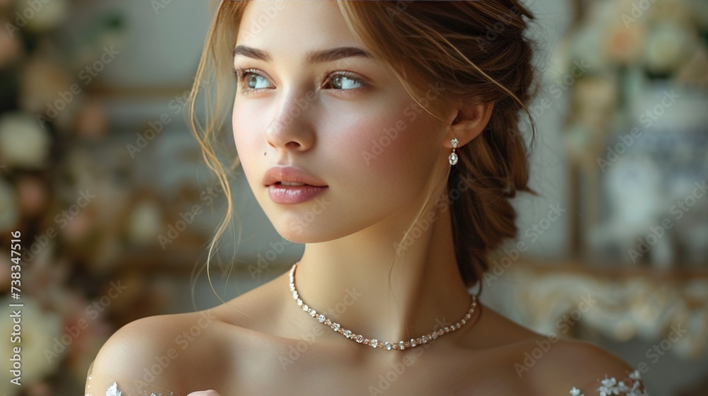 Wall mural gold jewelry with a diamond on the girl's neck, she touches it, side view - Wall murals