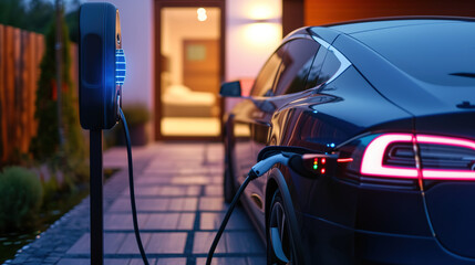 Generic electric vehicle hybrid car is being charged from a wallbox on a contemporary modern...