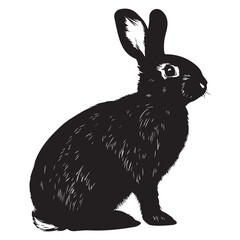 Sketch Realistic Rabbit Silhouette Illustration. Furry Easter Bunny Black Ink Silhouette on White Background.