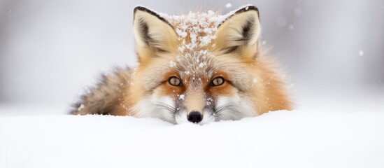 A captive Red Fox (Vulpes vulpes) sits motionless in the snow, its head cocked to one side, curious and observant of its surroundings. - obrazy, fototapety, plakaty